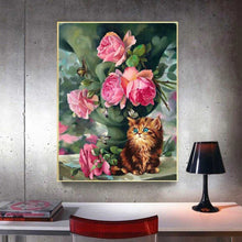 Laden Sie das Bild in den Galerie-Viewer, Diamond Painting - Katze am Rosenstrauch