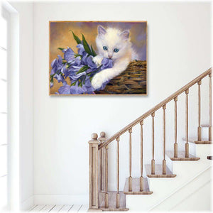 Diamond Painting - Katze mit blauen Blumen