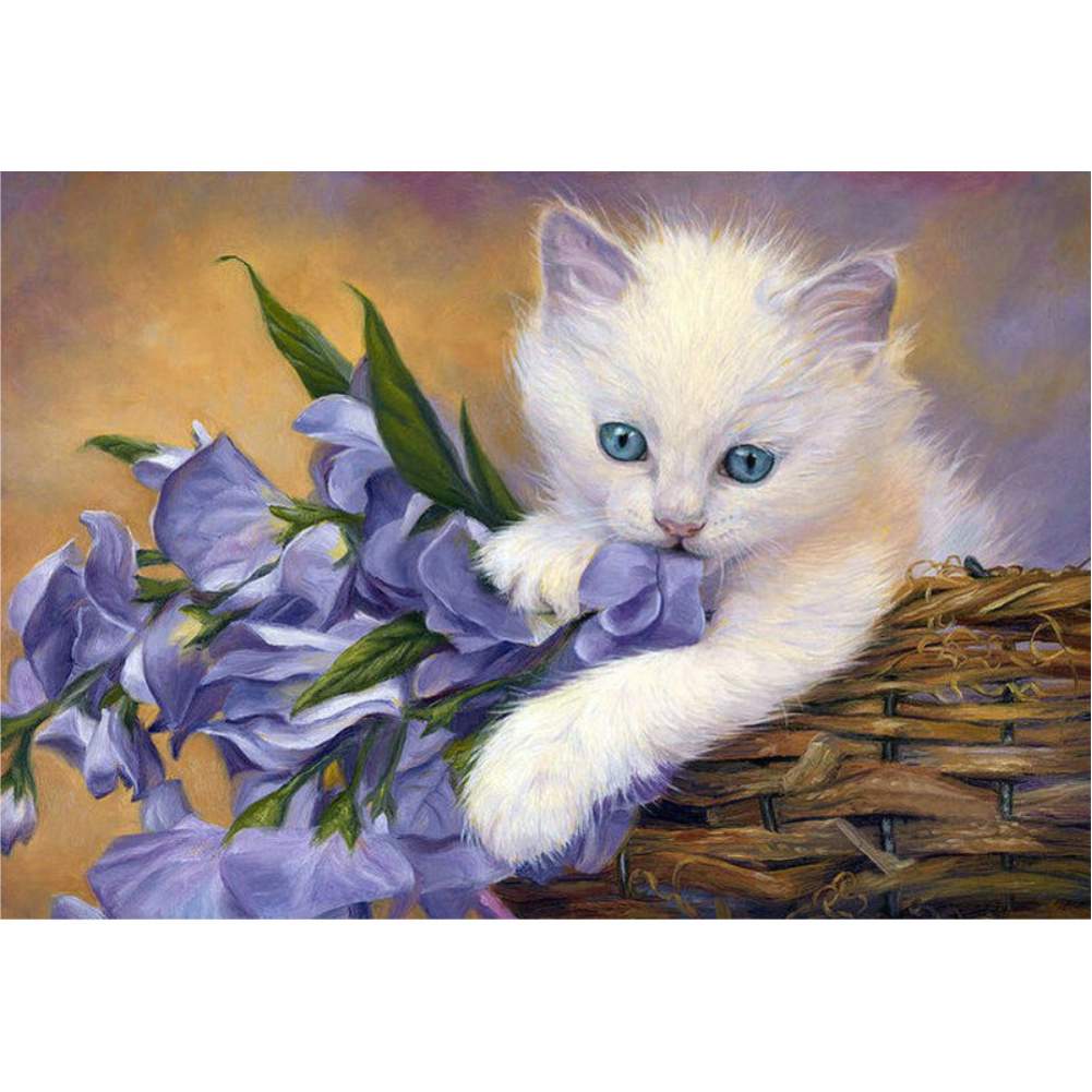 Diamond Painting - Katze mit blauen Blumen