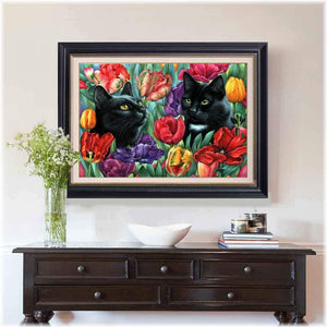 Diamond Painting - Katzen im Tulpenbeet
