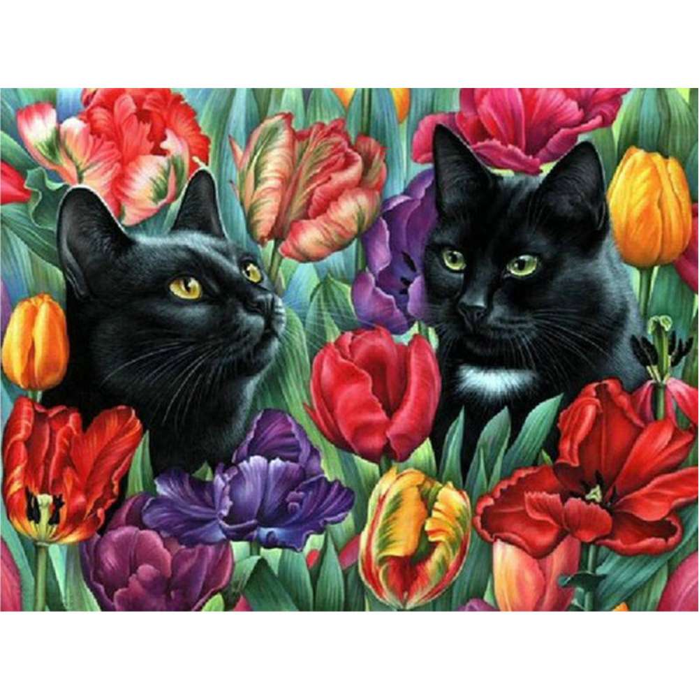 Diamond Painting - Katzen im Tulpenbeet